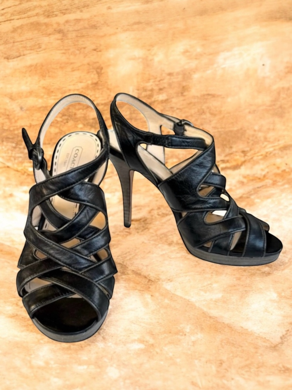 Coach Alba Sandals Black Leather Strappy Platform
